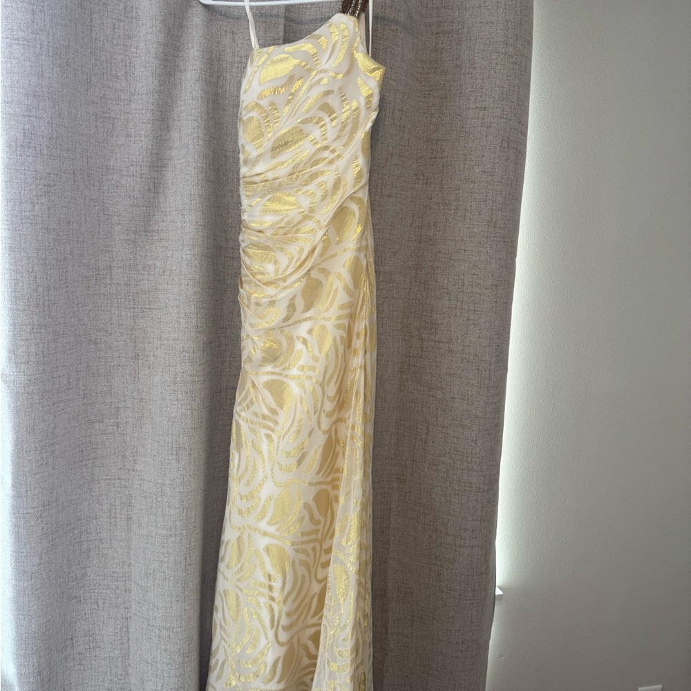 Aidan Mattox One Shoulder Dress in Yellow and Cream